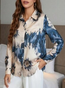 SHEIN Clasi Áo sơ mi nữ Nút phía trước Cà vạt nhuộm Giải trí - Nhiều màu - Xem 3