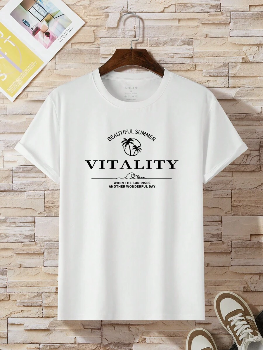 Men Coconut Tree & Slogan Graphic Tee - White - View 1