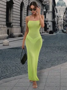 SHEIN Privé Lace Up Backless Split Thigh Cami Sweater Dress - Olive Green - View 2