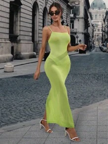 SHEIN Privé Lace Up Backless Split Thigh Cami Sweater Dress - Olive Green - View 5