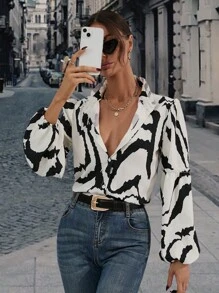 SHEIN Privé 滿版印花燈籠袖襯衫 - 黑與白 - 查看 1