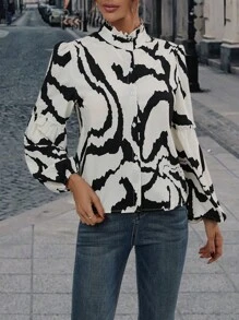SHEIN Privé 滿版印花燈籠袖襯衫 - 黑與白 - 查看 4