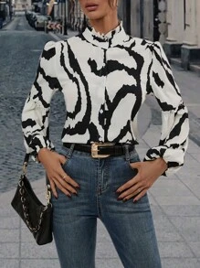 SHEIN Privé 滿版印花燈籠袖襯衫 - 黑與白 - 查看 5