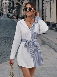 SHEIN Privé 條紋印花落肩袖腰帶襯衫洋裝 - 彩色 - 查看 5