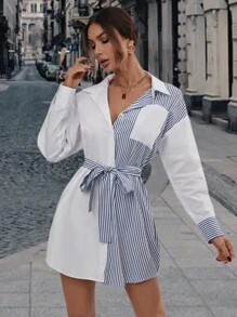SHEIN Privé 條紋印花落肩袖腰帶襯衫洋裝 - 彩色 - 查看 7
