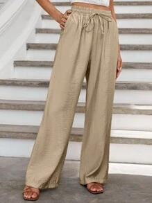 RueChic Drawstring Waist Wide Leg Pants - Màu Khaki - Xem 1