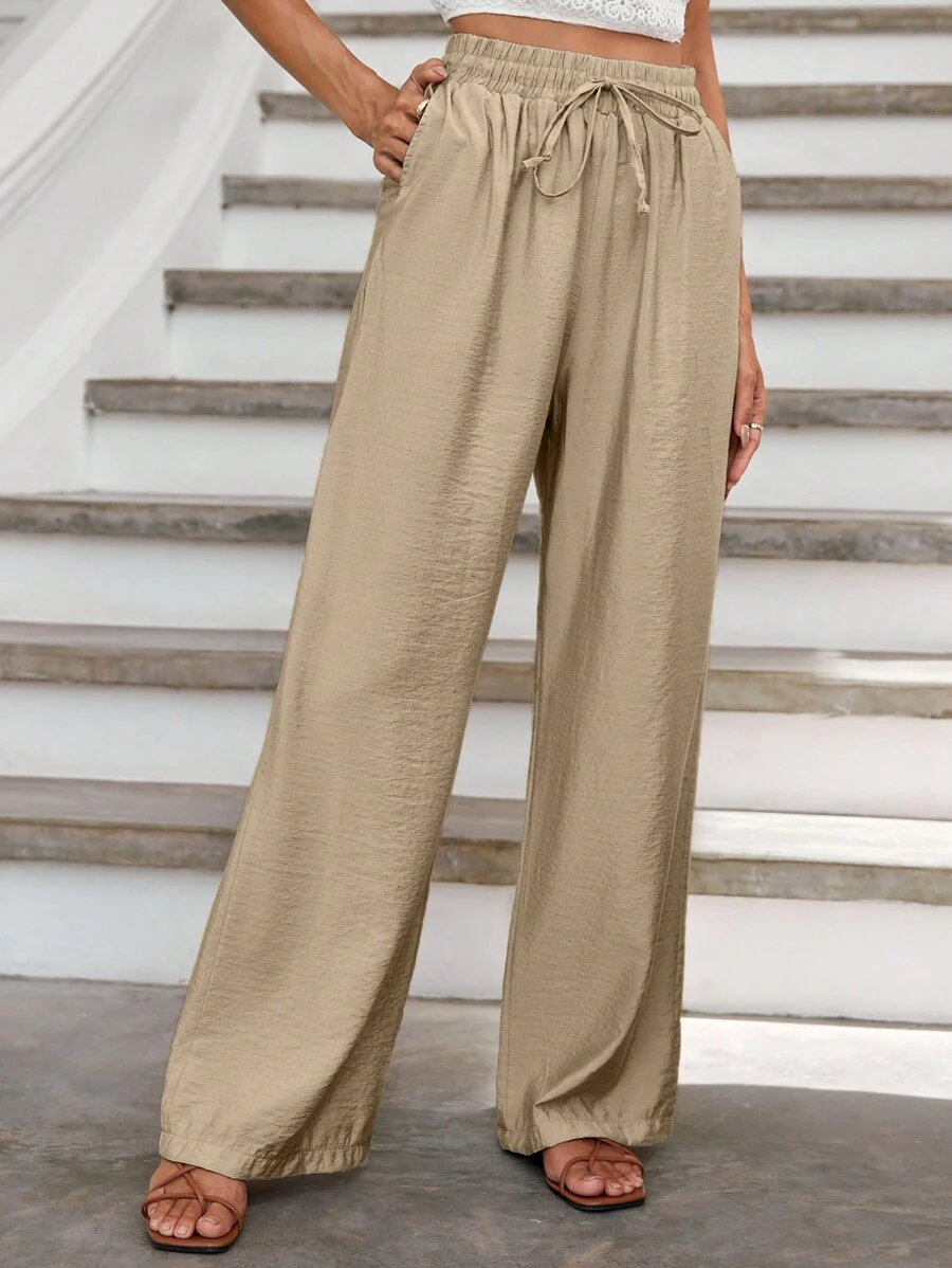 RueChic Drawstring Waist Wide Leg Pants - Màu Khaki - Xem 1