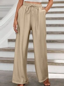 RueChic Drawstring Waist Wide Leg Pants - Màu Khaki - Xem 3