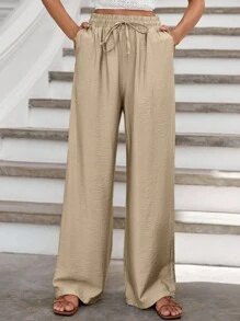 RueChic Drawstring Waist Wide Leg Pants - Màu Khaki - Xem 4