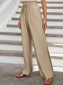 RueChic Drawstring Waist Wide Leg Pants - Màu Khaki - Xem 5