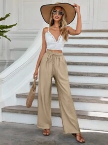 RueChic Drawstring Waist Wide Leg Pants - Màu Khaki - Xem 6