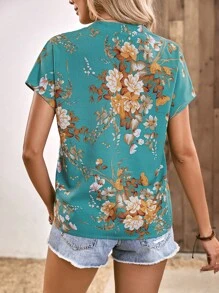 SHEIN LUNE 印花缺口領蝙蝠袖襯衫 - 綠色 - 查看 2