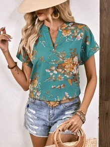 SHEIN LUNE 印花缺口領蝙蝠袖襯衫 - 綠色 - 查看 4