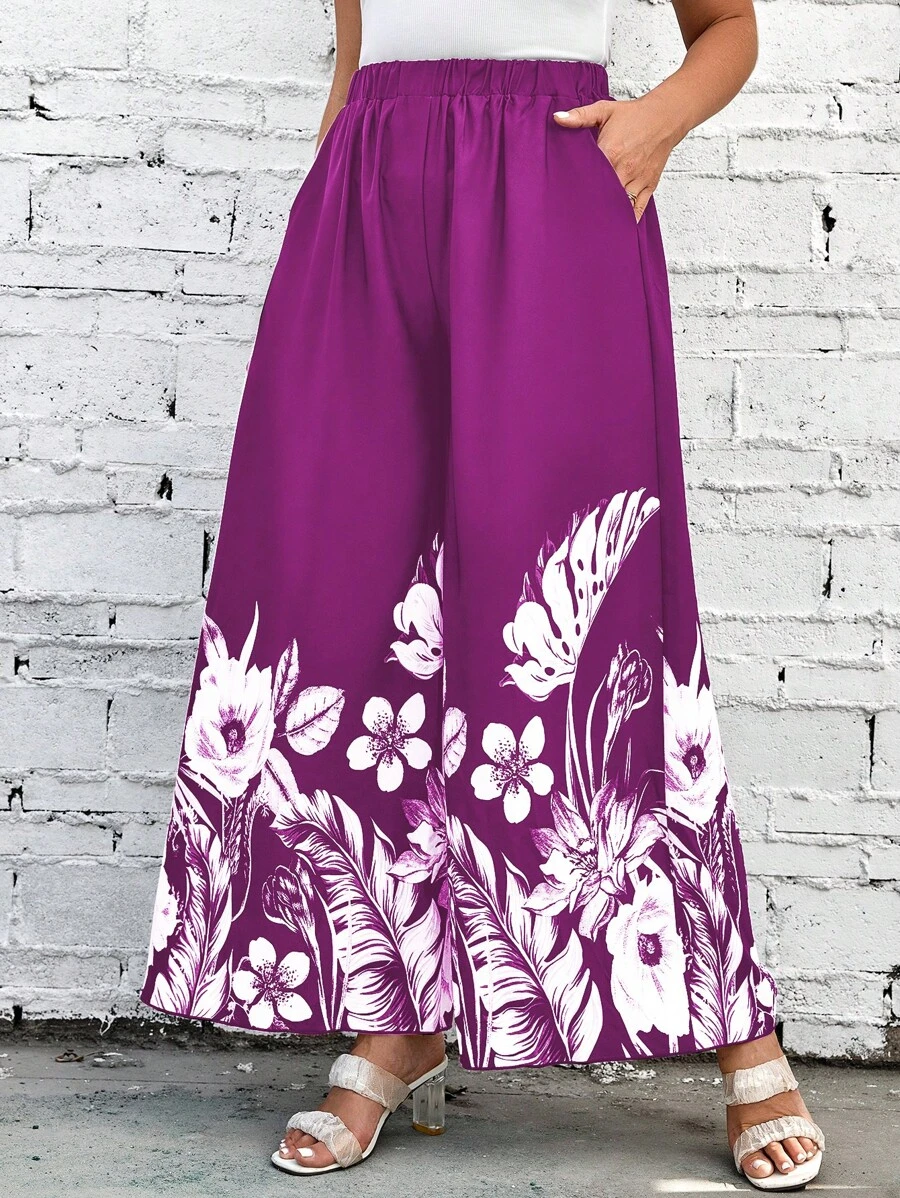 SHEIN Clasi Plus Tropical Print Wide Leg Pants - Purple - View 1