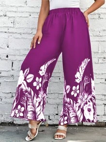 SHEIN Clasi Plus Tropical Print Wide Leg Pants - Purple - View 4