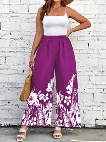 SHEIN Clasi Plus Tropical Print Wide Leg Pants - Purple - View 5