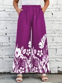 SHEIN Clasi Plus Tropical Print Wide Leg Pants - Purple - View 6