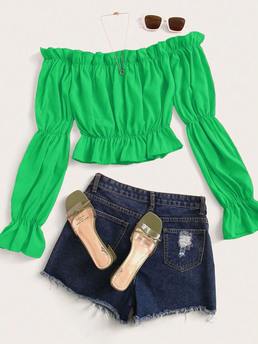 SHEIN Privé Off Shoulder Ruffle Trim Peplum Blouse Peplum Top - Green - View 1