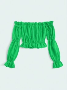 SHEIN Privé Off Shoulder Ruffle Trim Peplum Blouse Peplum Top - Green - View 2