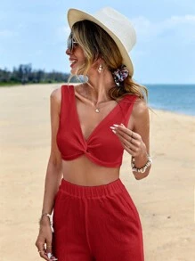 RueChic 前扭結短款背心&闊腿褲