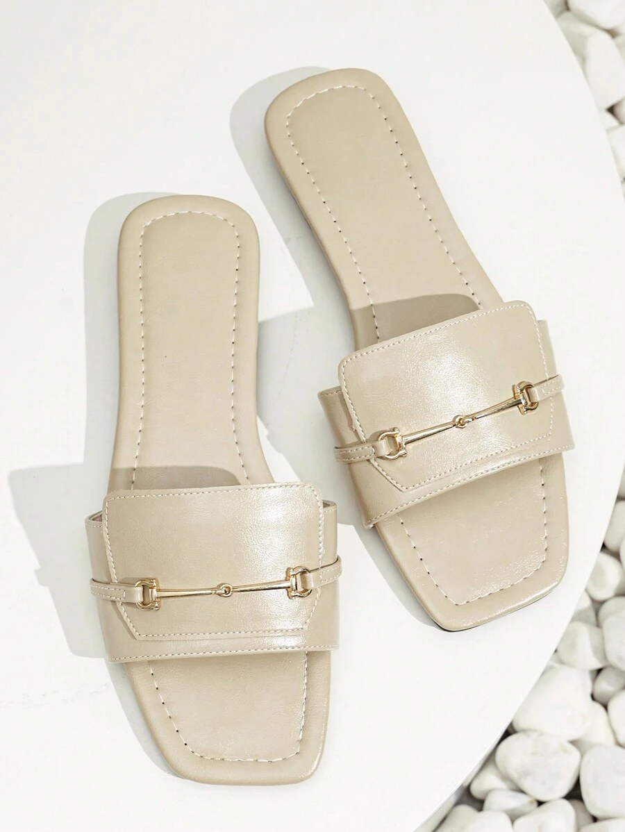 Dép nữ trang trí bằng kim loại, dép đế bằng ngoài trời thời trang - Màu be - Xem 1