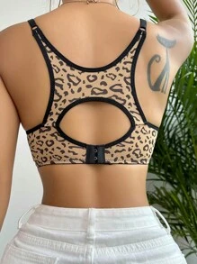 豹紋剪裁背部對比收邊無鋼圈胸罩 - 彩色 - 查看 2