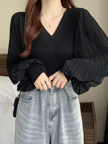 Áo kiểu tay phồng cài cúc phía trước, màu đen, phong cách thường ngày, mùa xuân. - màu đen - Xem 4
