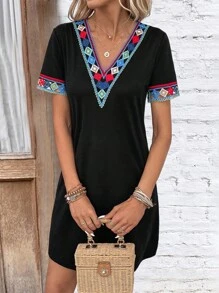 SHEIN VCAY Đầm Thêu Hình học Giải trí - màu đen - Xem 5