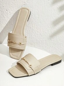 Dép nữ trang trí bằng kim loại, dép đế bằng ngoài trời thời trang - Màu be - Xem 5