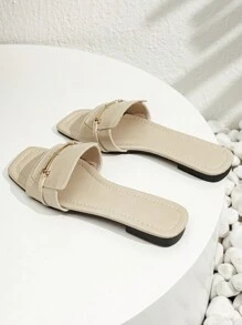 Dép nữ trang trí bằng kim loại, dép đế bằng ngoài trời thời trang - Màu be - Xem 6