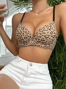 豹紋剪裁背部對比收邊無鋼圈胸罩 - 彩色 - 查看 3