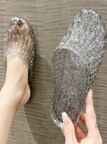 Women Minimalist Textured Slides, PVC Fashion Slides - Black - View 2