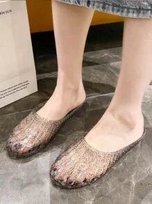 Women Minimalist Textured Slides, PVC Fashion Slides - Black - View 4