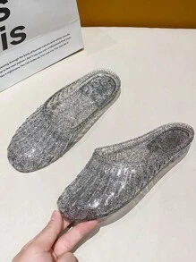 Women Minimalist Textured Slides, PVC Fashion Slides - Black - View 5