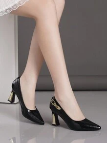 女士百搭纯色套脚高跟鞋，时尚舒适，适合所有季节，女士浅口鞋，优雅 - 黑色 - 查看 2