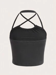 ROMWE Grunge Punk Cross & Wings Print Crisscross Halter Top, School - Mörkgrå - Visa 4