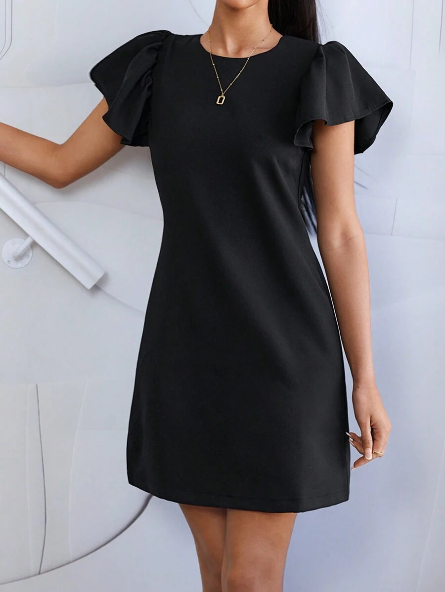 EURMUSE Solid Butterfly Sleeve Zipper Back Dress - Black - View 1