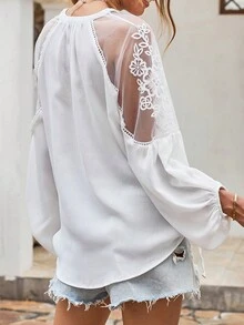 DOKOTOO Lưới tương phản Cà vạt Tay áo lồng đèn Áo sơ mi - trắng - Xem 2