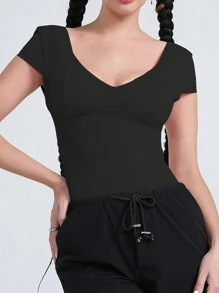 DOKOTOO Camiseta unicolor de cuello V - Negro - Ver 1