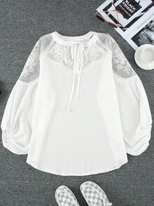 DOKOTOO Lưới tương phản Cà vạt Tay áo lồng đèn Áo sơ mi - trắng - Xem 6