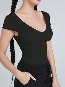 DOKOTOO Camiseta unicolor de cuello V - Negro - Ver 3