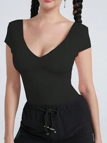 DOKOTOO Camiseta unicolor de cuello V - Negro - Ver 4