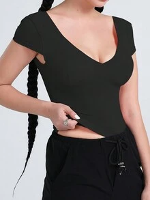 DOKOTOO Camiseta unicolor de cuello V - Negro - Ver 5