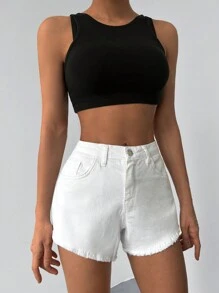 EURMUSE Solid Raw Hem Denim Shorts - White - View 1