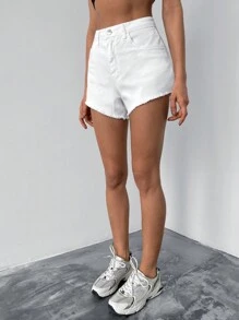 EURMUSE Solid Raw Hem Denim Shorts - White - View 3