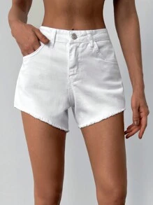EURMUSE Solid Raw Hem Denim Shorts - White - View 4