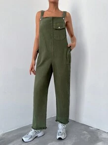 Cottnline 側翻蓋口袋牛仔背帶褲 - 軍綠色 - 查看 1