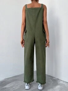 Cottnline 側翻蓋口袋牛仔背帶褲 - 軍綠色 - 查看 2