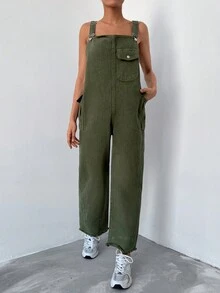 Cottnline 側翻蓋口袋牛仔背帶褲 - 軍綠色 - 查看 3