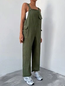 Cottnline 側翻蓋口袋牛仔背帶褲 - 軍綠色 - 查看 4